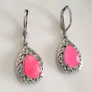 Beautiful Sterling Silver 925 PINK JADE Filigree Dangle Drop Earrings